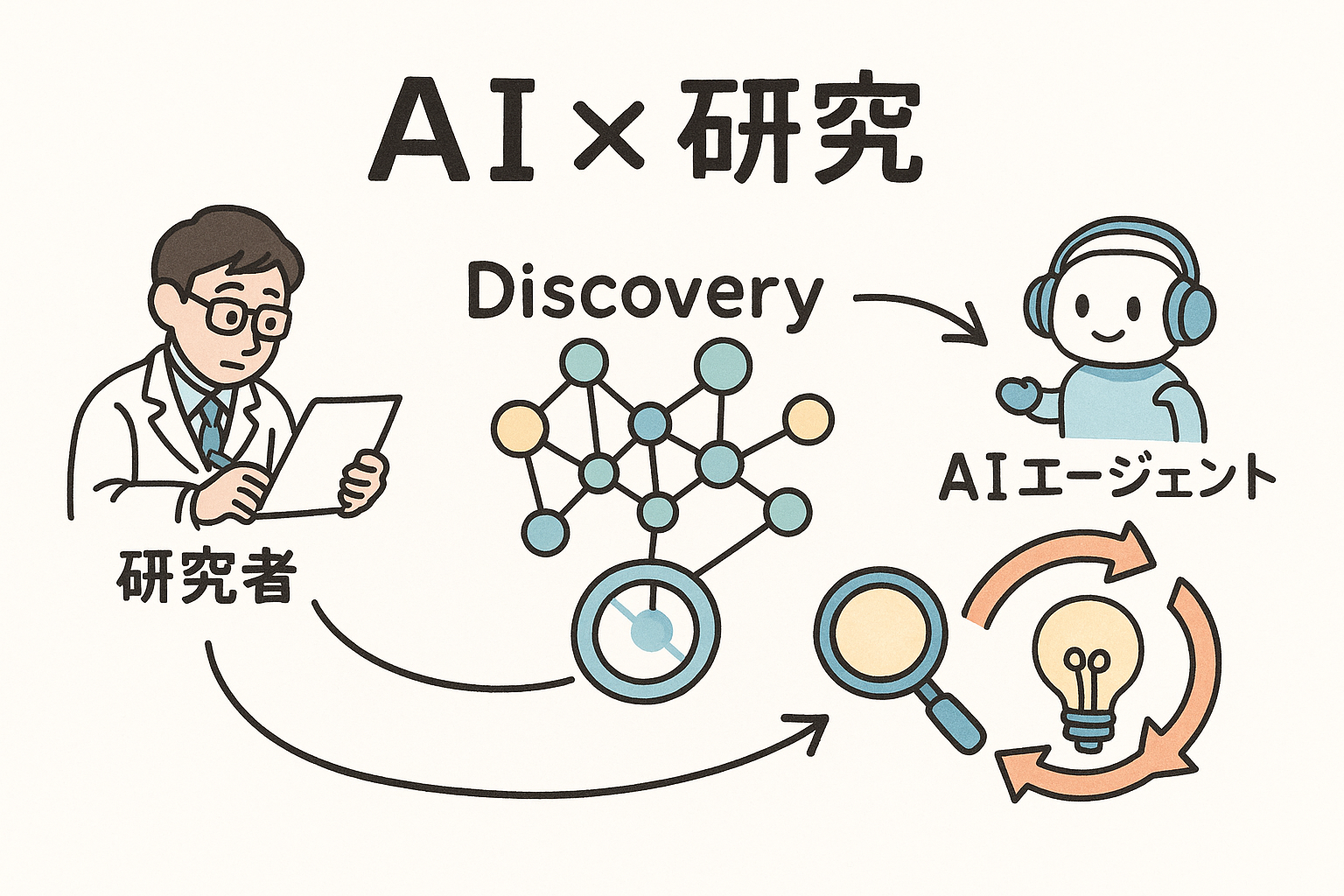 研究室でAIエージェントと人間が協力して実験を進めているイメージ