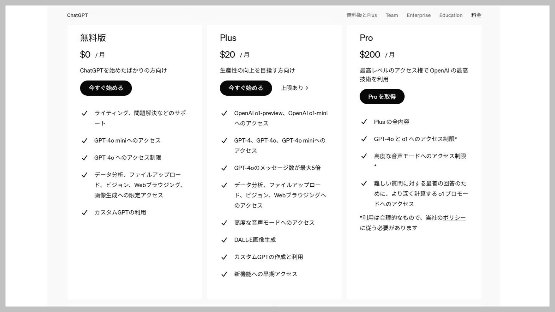 ChatGPTの個人向け料金プランは3種類あります。