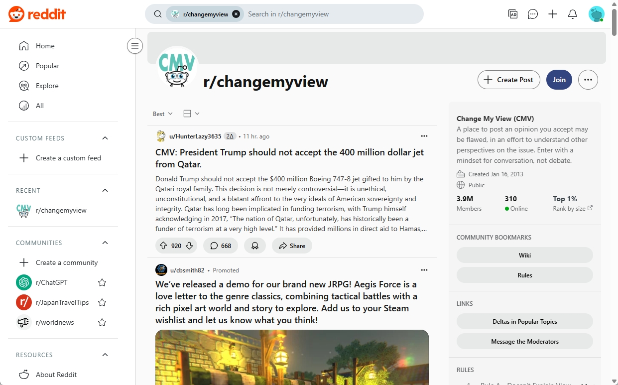 Redditのr/changemyviewサブレディットの画面
