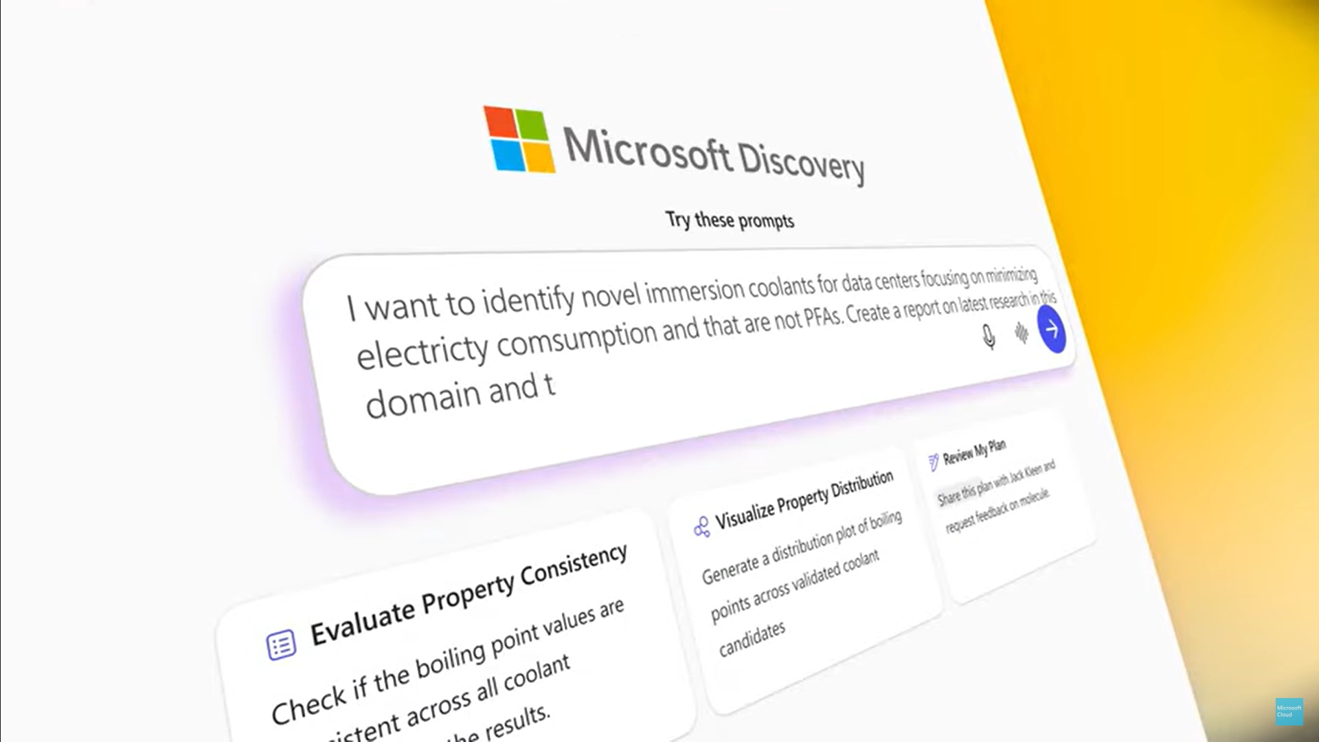 Microsoft Discoveryのデモ画面。検索ボックスに「PFASを使わない冷却材を探して」と入力されている。